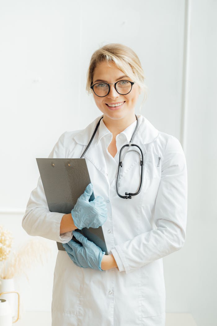 The Art of Drawing Readers In: Your attractive post title goes here Portrait of a smiling female doctor in a lab coat with stethoscope and clipboard indoors.